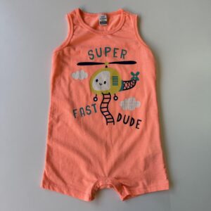 Neon orange prined romper - 'SUPER FAST DUDE'